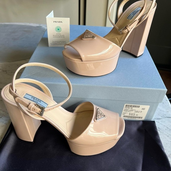 Prada Cream Platform Sandals with Block Heel - Picture 1 of 10